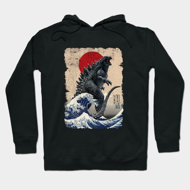 Godzilla and the Wave Tan Background - Rough Hoodie by DavidLoblaw